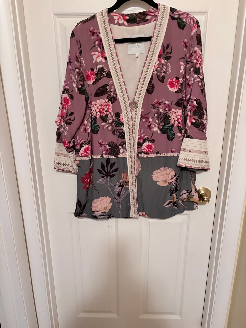 John Mark Cream Open Kimono with Plum and Green with Embroidered Trim